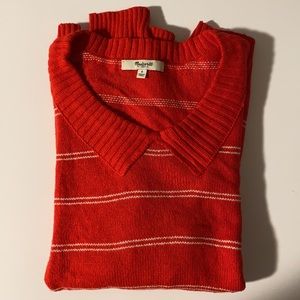Madewell Red Sweater with White Stripes and Collar Detail